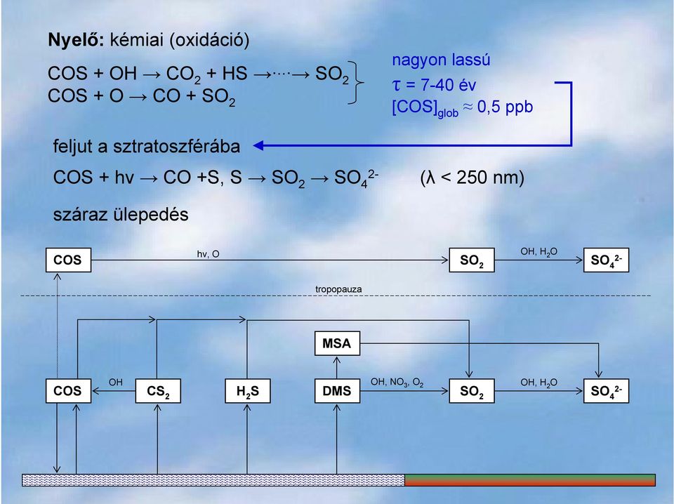 [COS] glob 0,5 ppb (λ < 250 nm) száraz ülepedés COS hν, O OH, H 2 O SO 2