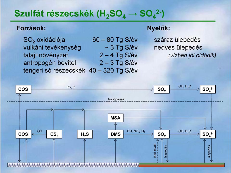 Tg S/év Nyelők: száraz ülepedés nedves ülepedés (vízben jól oldódik) hν, O OH, H 2 O COS SO 2 SO 4