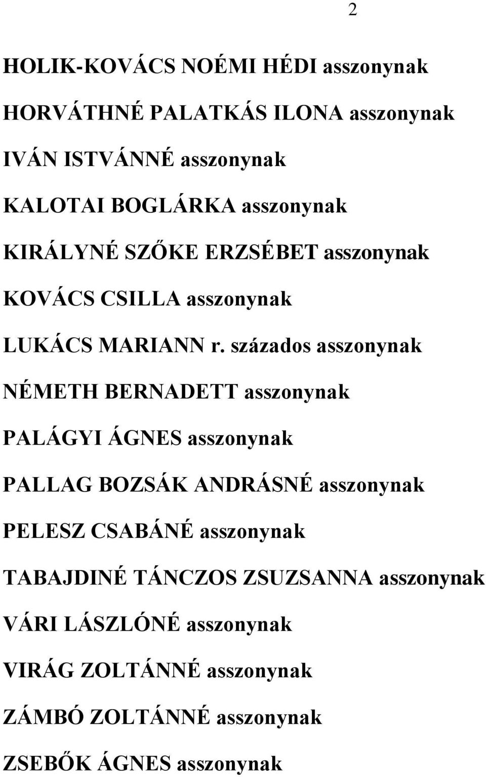 százados asszonynak NÉMETH BERNADETT asszonynak PALÁGYI ÁGNES asszonynak PALLAG BOZSÁK ANDRÁSNÉ asszonynak PELESZ