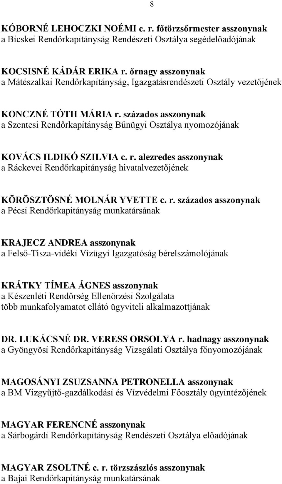 százados asszonynak a Szentesi Rendőrkapitányság Bűnügyi Osztálya nyomozójának KOVÁCS ILDIKÓ SZILVIA c. r.