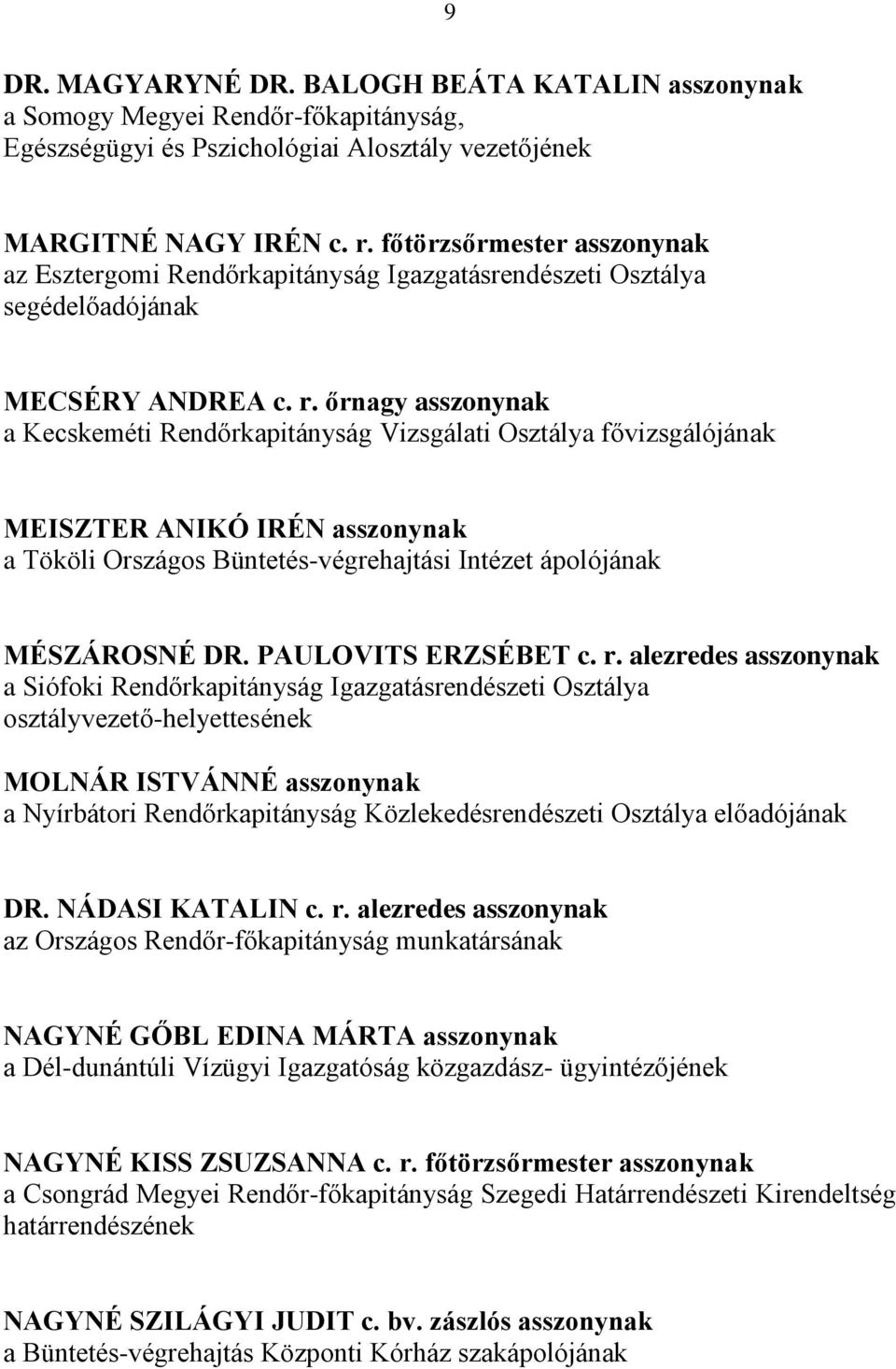 őrnagy asszonynak a Kecskeméti Rendőrkapitányság Vizsgálati Osztálya fővizsgálójának MEISZTER ANIKÓ IRÉN asszonynak a Tököli Országos Büntetés-végrehajtási Intézet ápolójának MÉSZÁROSNÉ DR.