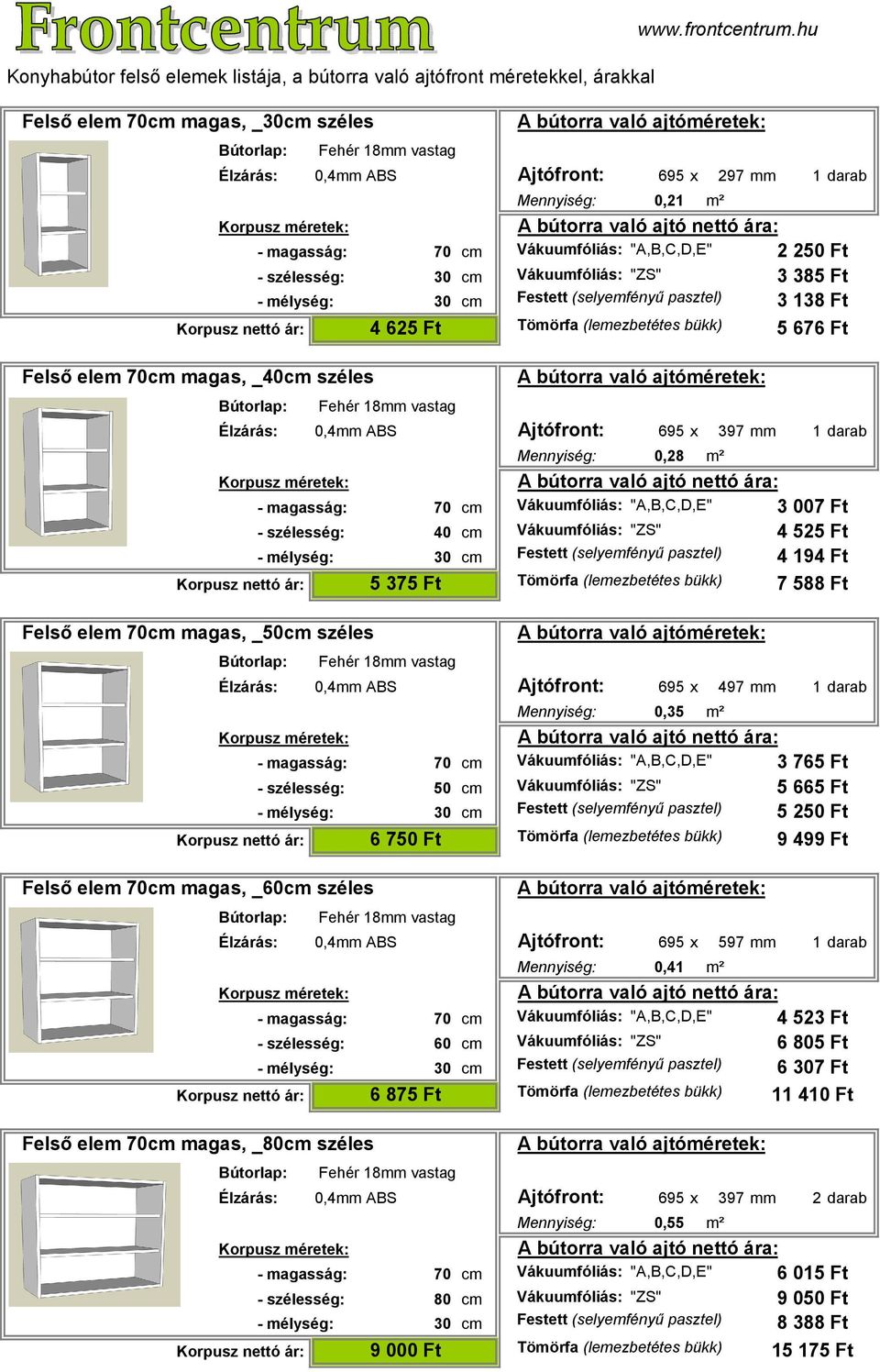 szélesség: 40 cm Vákuumfóliás: "ZS" Élzárás: 0,4mm ABS Ajtófront: 695 x 497 mm 1 darab Felső elem 70cm magas, _60cm széles Mennyiség: 0,35 m² 3 765 Ft 5 665 Ft 5 25 Tömörfa (lemezbetétes bükk) 9 499