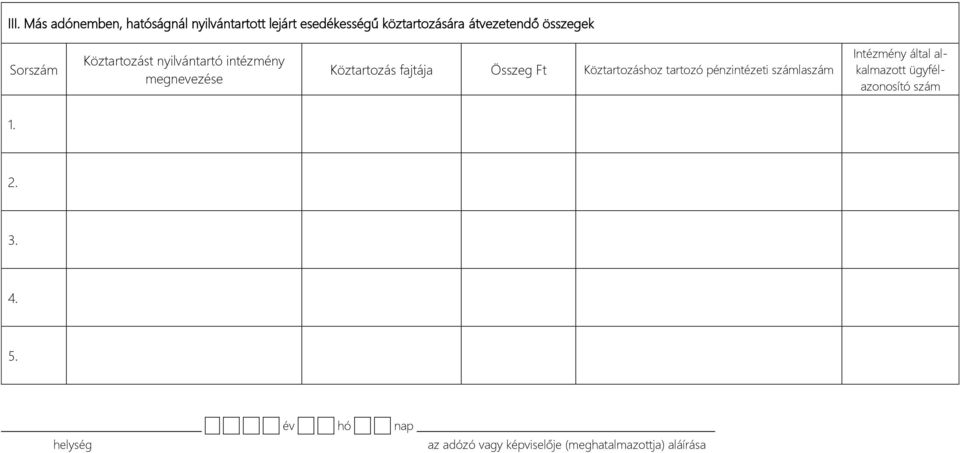fajtája Összeg Ft Köztartozáshoz tartozó pénzintézeti számlaszám Intézmény által