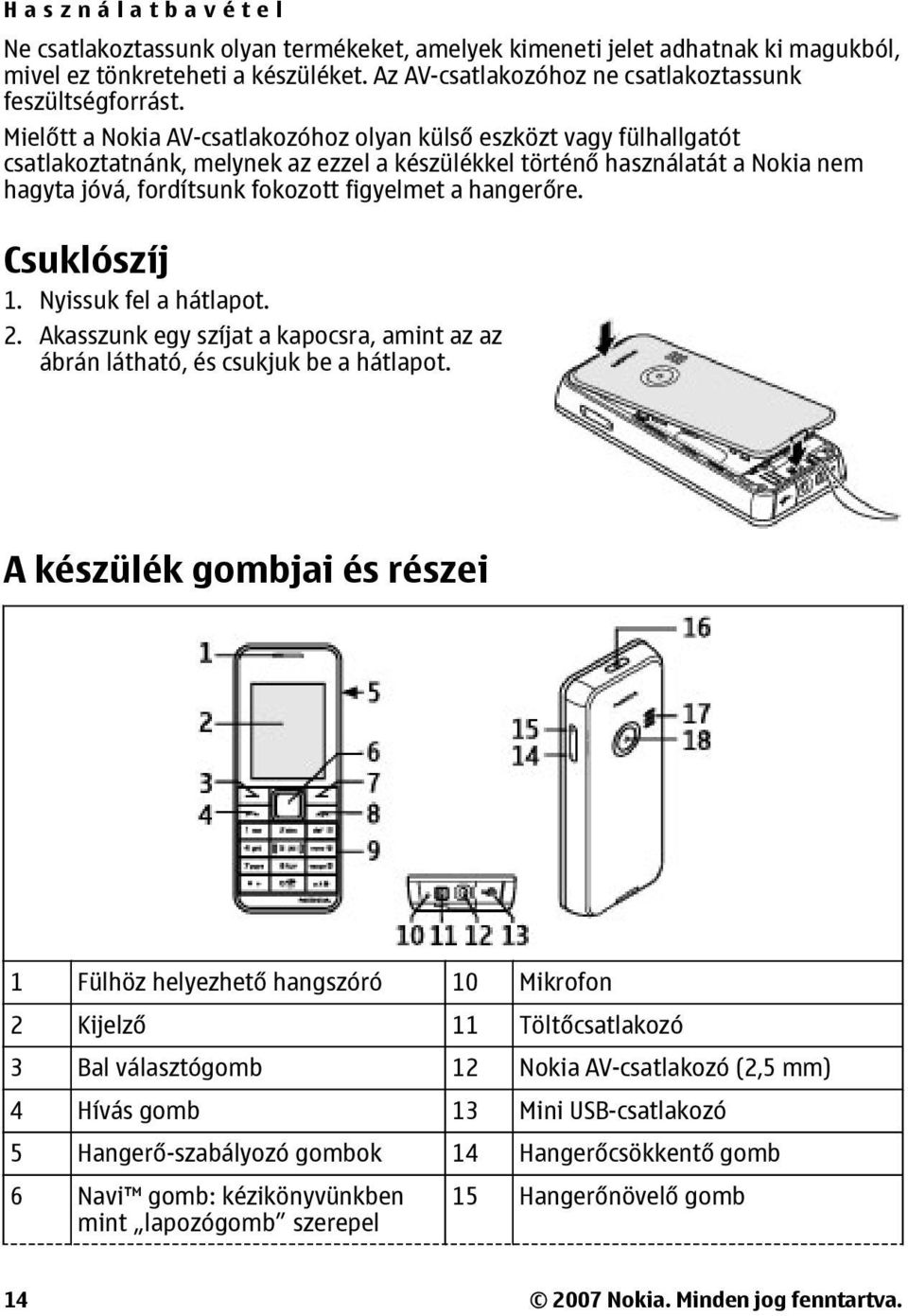 hangerőre. Csuklószíj 1. Nyissuk fel a hátlapot. 2. Akasszunk egy szíjat a kapocsra, amint az az ábrán látható, és csukjuk be a hátlapot.