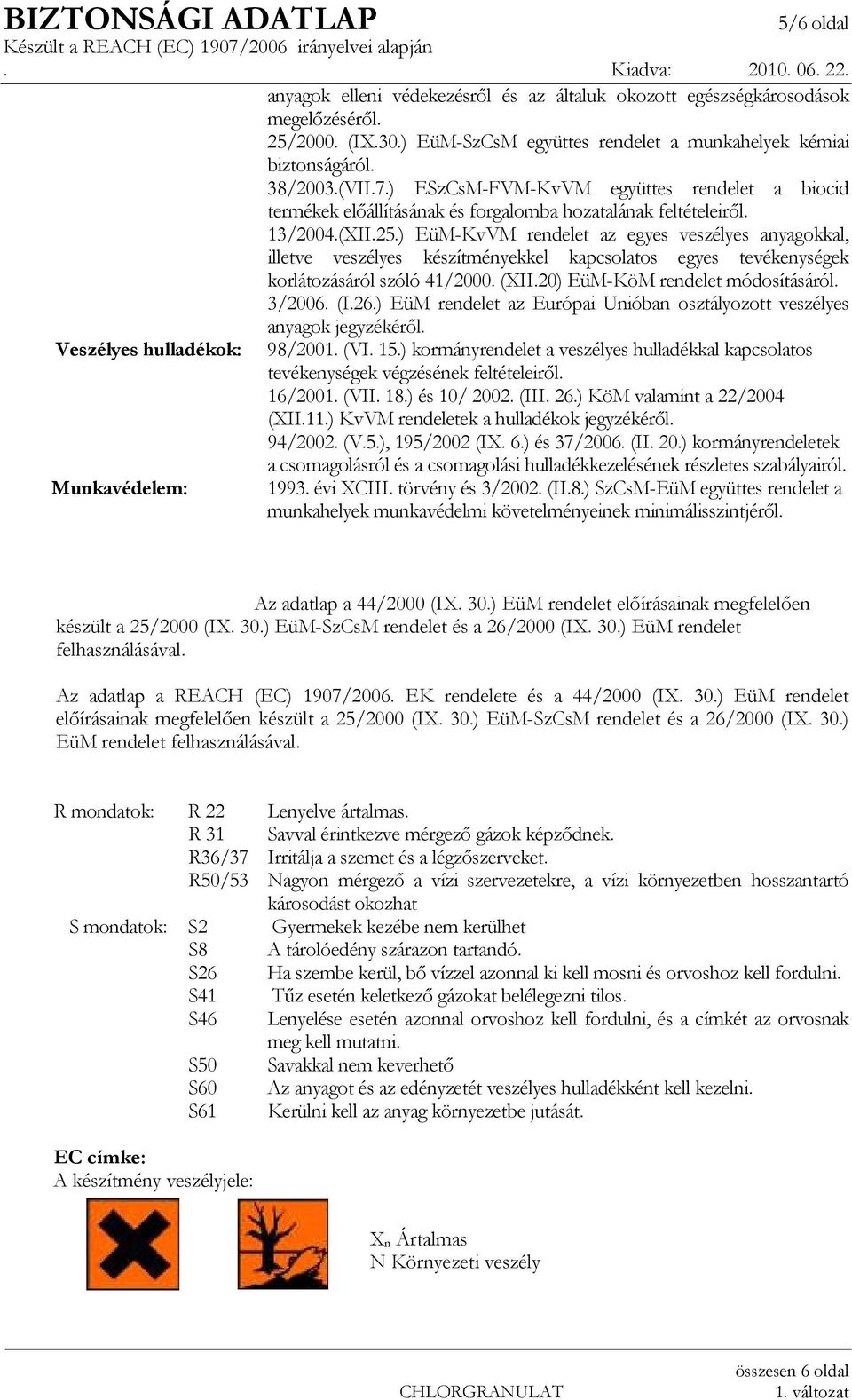 ) EüM-KvVM rendelet az egyes veszélyes anyagokkal, illetve veszélyes készítményekkel kapcsolatos egyes tevékenységek korlátozásáról szóló 41/2000. (XII.20) EüM-KöM rendelet módosításáról. 3/2006. (I.