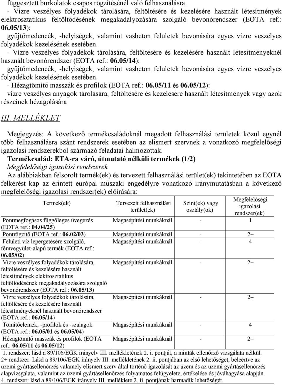 05/14): gyűjtőmedencék, -helyiségek, valamint vasbeton felületek bevonására egyes vízre veszélyes folyadékok kezelésének esetében. - Hézagtömítő masszák és profilok (EOTA ref.: 06.05/11 és 06.