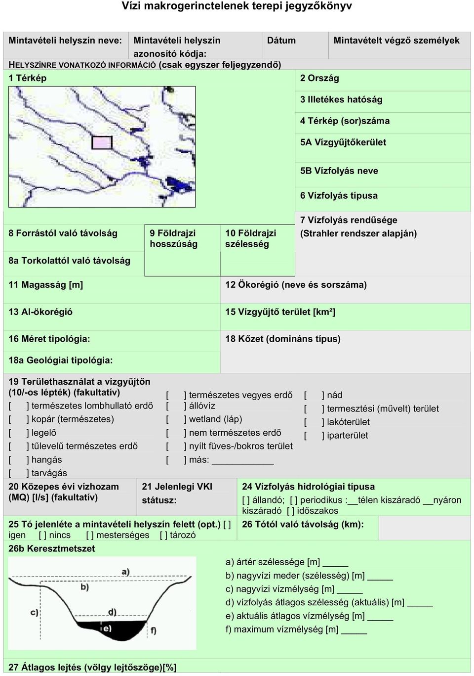 Vízfolyás rend sége (Strahler rendszer alapján) 8a Torkolattól való távolság 11 Magasság [m] 12 Ökorégió (neve és sorszáma) 13 Al-ökorégió 15 Vízgy jt terület [km²] 16 Méret tipológia: 18 K zet