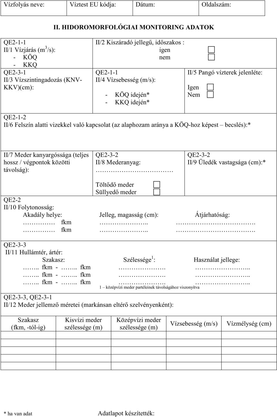(m/s): - KÖQ idején* - KKQ idején* II/5 Pangó vízterek jelenléte: Igen Nem QE2-1-2 II/6 Felszín alatti vizekkel való kapcsolat (az alaphozam aránya a KÖQ-hoz képest becslés):* II/7 Meder