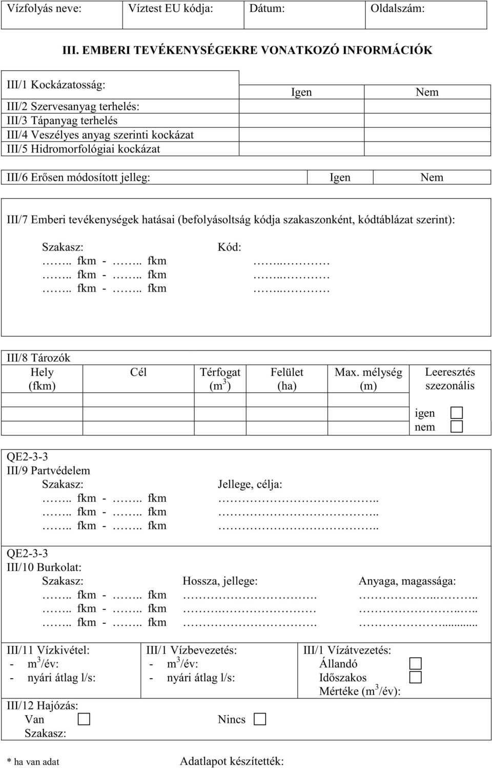 III/6 Er sen módosított jelleg: Igen Nem III/7 Emberi tevékenységek hatásai (befolyásoltság kódja szakaszonként, kódtáblázat szerint): Szakasz:.. fkm -.. fkm.. fkm -.. fkm.. fkm -.. fkm Kód:.