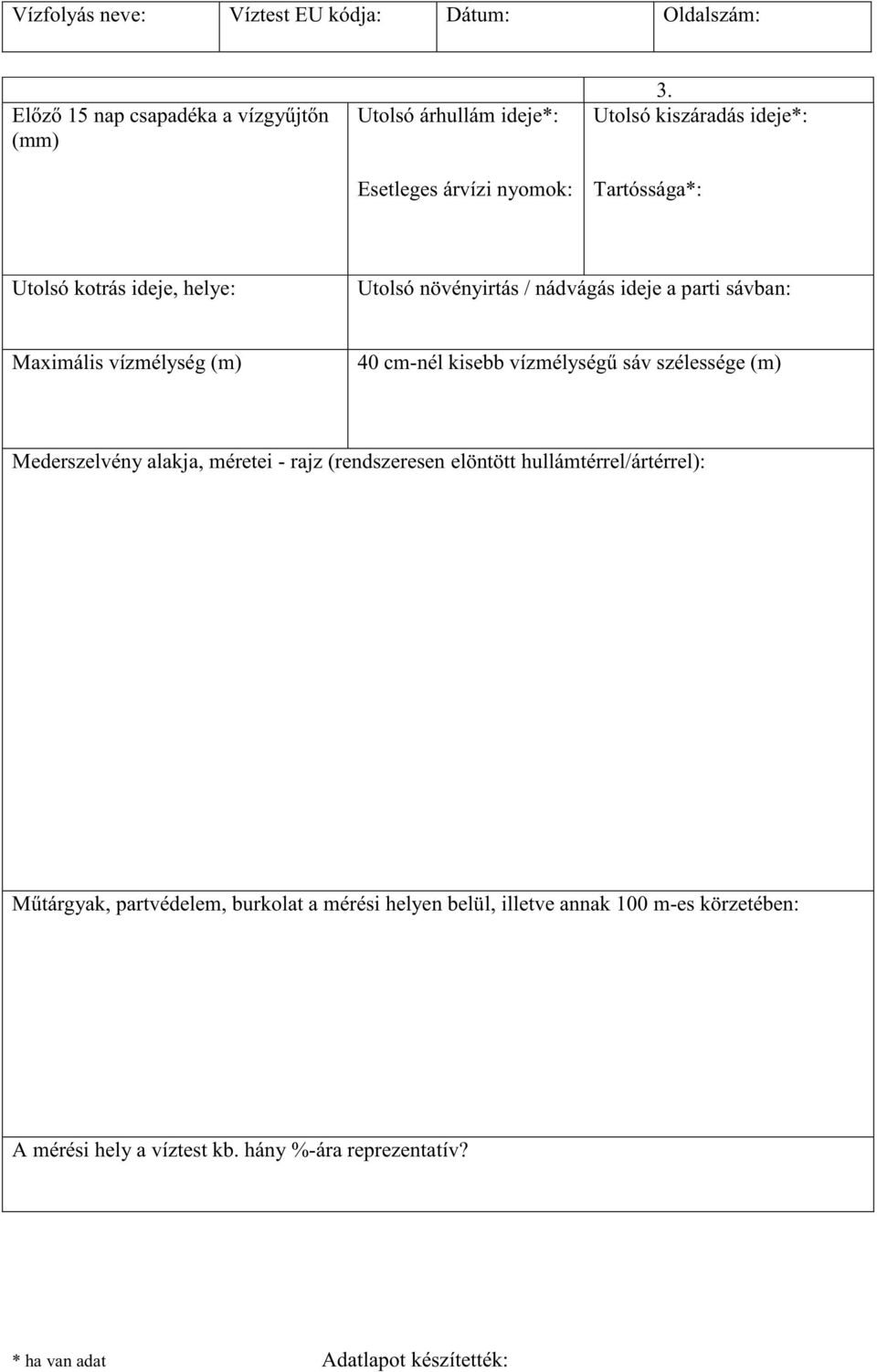 kisebb vízmélység sáv szélessége (m) Mederszelvény alakja, méretei - rajz (rendszeresen elöntött hullámtérrel/ártérrel): M tárgyak, partvédelem,