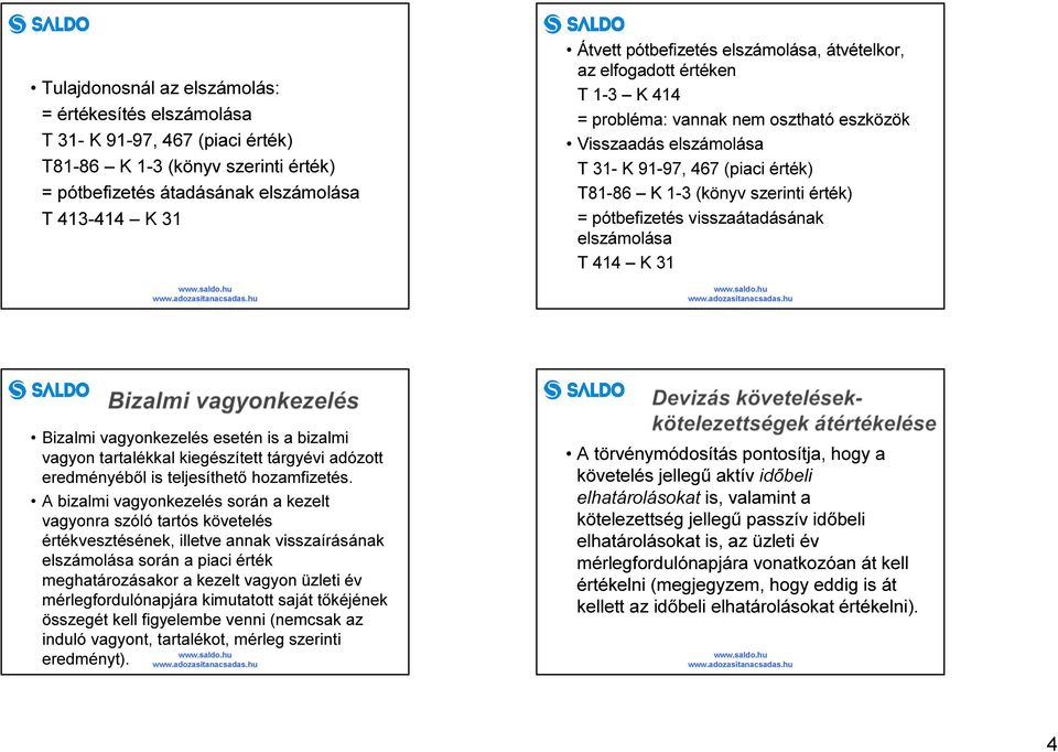 pótbefizetés visszaátadásának elszámolása T 414 K 31 Bizalmi vagyonkezelés esetén is a bizalmi vagyon tartalékkal kiegészített tárgyévi adózott eredményéből is teljesíthető hozamfizetés.