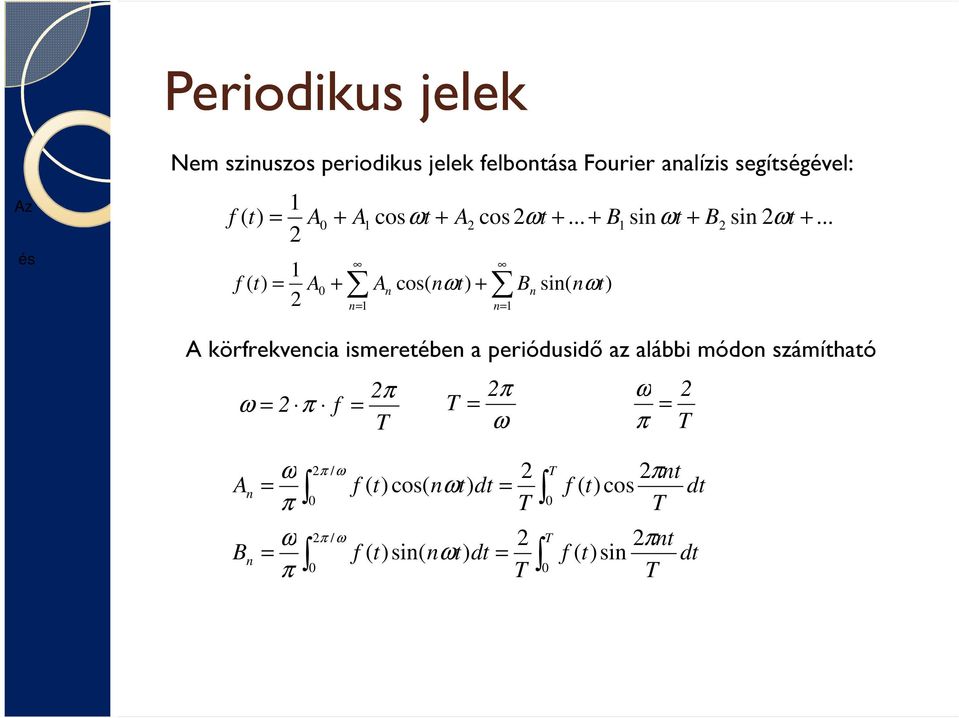 .. 2 ( 2 f ( t) 1 2 A 0 + An cos( nωt) + Bn sin( nωt) n 1 n 1 A körfrekvencia ismeretében a periódusidő az