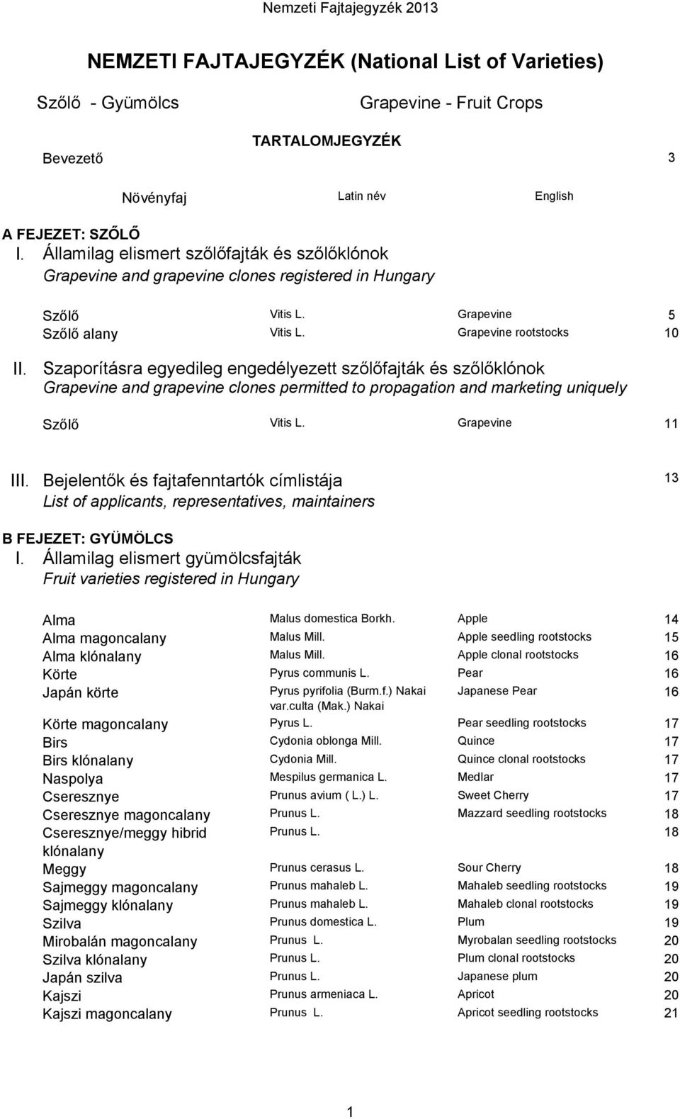 Szaporításra egyedileg engedélyezett szőlőfajták és szőlőklónok Grapevine and grapevine clones permitted to propagation and marketing uniquely Szőlő Vitis L. Grapevine 11 III.
