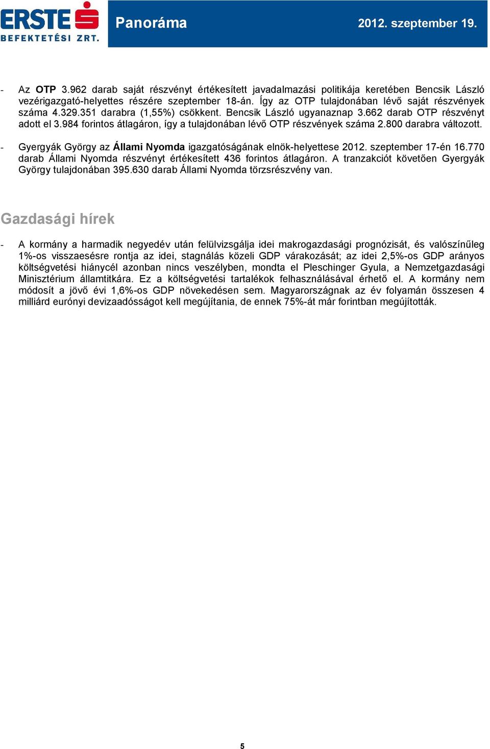 984 forintos átlagáron, így a tulajdonában lévő OTP részvények száma 2.8 darabra változott. - Gyergyák György az Állami Nyomda igazgatóságának elnök-helyettese. szeptember 17-én 16.