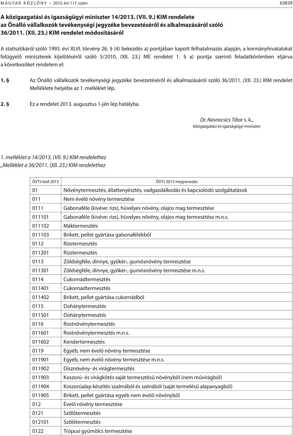 (4) bekezdés a) pontjában kapott felhatalmazás alapján, a kormányhivatalokat felügyelő miniszterek kijelöléséről szóló 5/2010. (XII. 23.) ME rendelet 1.