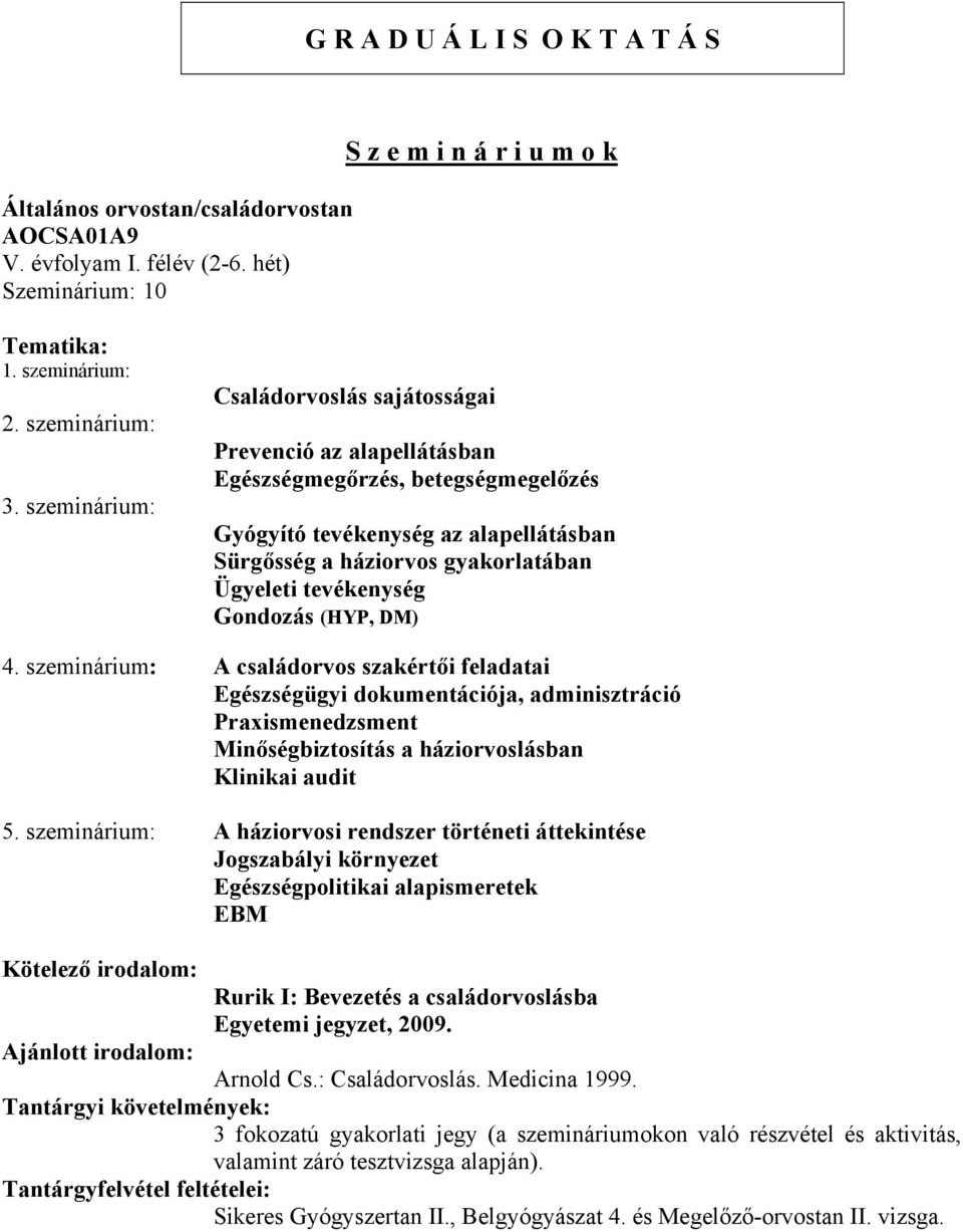 tevékenység Gondozás (HYP, DM) 4. szeminárium: A családorvos szakértői feladatai Egészségügyi dokumentációja, adminisztráció Praxismenedzsment Minőségbiztosítás a háziorvoslásban Klinikai audit 5.