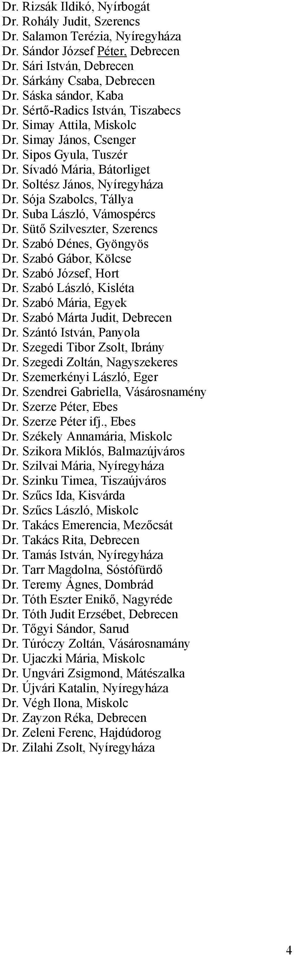 Sója Szabolcs, Tállya Dr. Suba László, Vámospércs Dr. Sütő Szilveszter, Szerencs Dr. Szabó Dénes, Gyöngyös Dr. Szabó Gábor, Kölcse Dr. Szabó József, Hort Dr. Szabó László, Kisléta Dr.