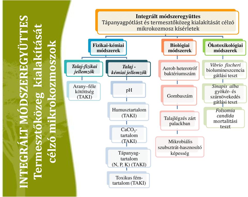 Tápanyagtartalom (N, P, K) Toxikus fémtartalom Biológiai módszerek Aerob heterotróf baktériumszám Gombaszám Talajlégzés zárt palackban Mikrobiális