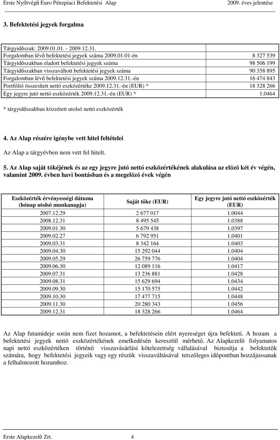 12.31.-én 16 474 843 Portfólió összesített nettó eszközértéke 2009.12.31.-én (EUR) * 18 328 266 Egy jegyre jutó nettó eszközérték 2009.12.31.-én (EUR) * 1.0464 * tárgyidőszakban közzétett utolsó nettó eszközérték 4.