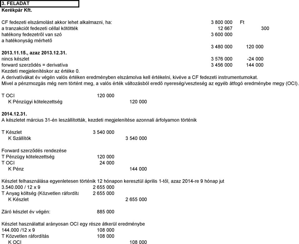 11.15., azaz 2013.12.31. nincs készlet 3 576 000-24 000 forward szerződés = derivatíva 3 456 000 144 000 Kezdeti megjelenítéskor az értéke 0.