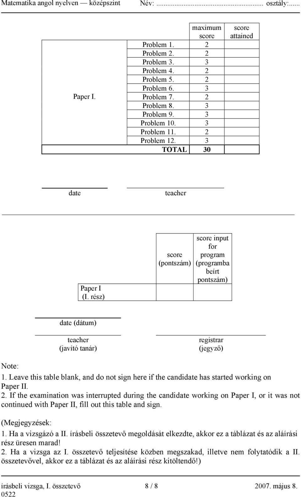 Leave this table blank, and do not sign here if the candidate has started working on Paper II. 2.