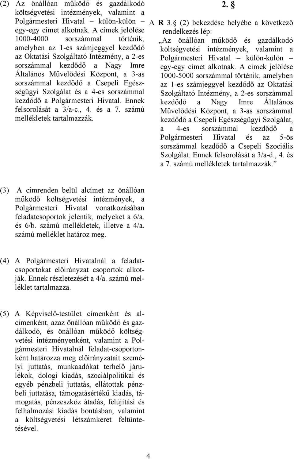 kezdődő a Csepeli Egészségügyi Szolgálat és a 4-es sorszámmal kezdődő a Polgármesteri Hivatal. Ennek felsorolását a 3/a-c., 4. és a 7. számú mellékletek tartalmazzák. 2. A R 3.