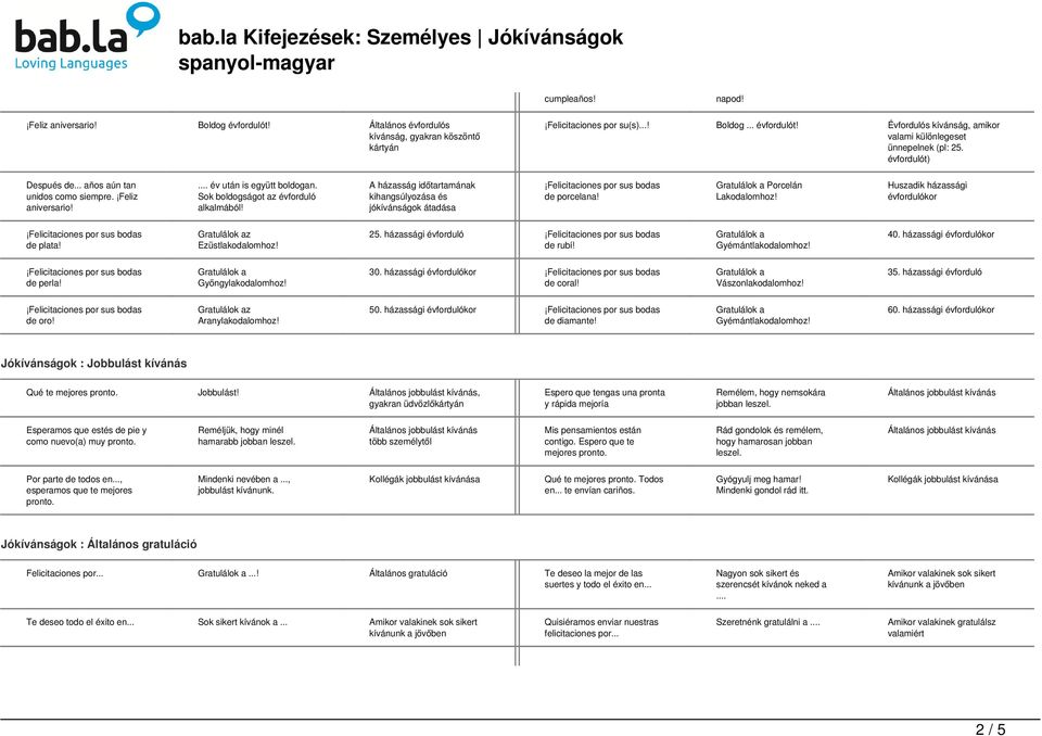 A házasság időtartamának kihangsúlyozása és jókívánságok átadása de porcelana! Porcelán Lakodalomhoz! Huszadik házassági évfordulókor de plata! Ezüstlakodalomhoz! 25. házassági évforduló de rubí!