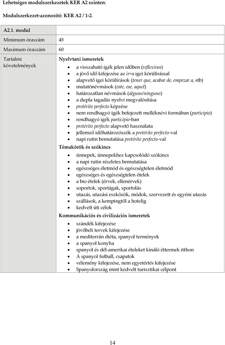 modul Minimum óraszám 45 Maximum óraszám 60 a visszaható igék jelen időben (reflexivos) a jövő idő kifejezése az ir+a igei körülírással alapvető igei körülírások (tener que, acabar de, empezar a,