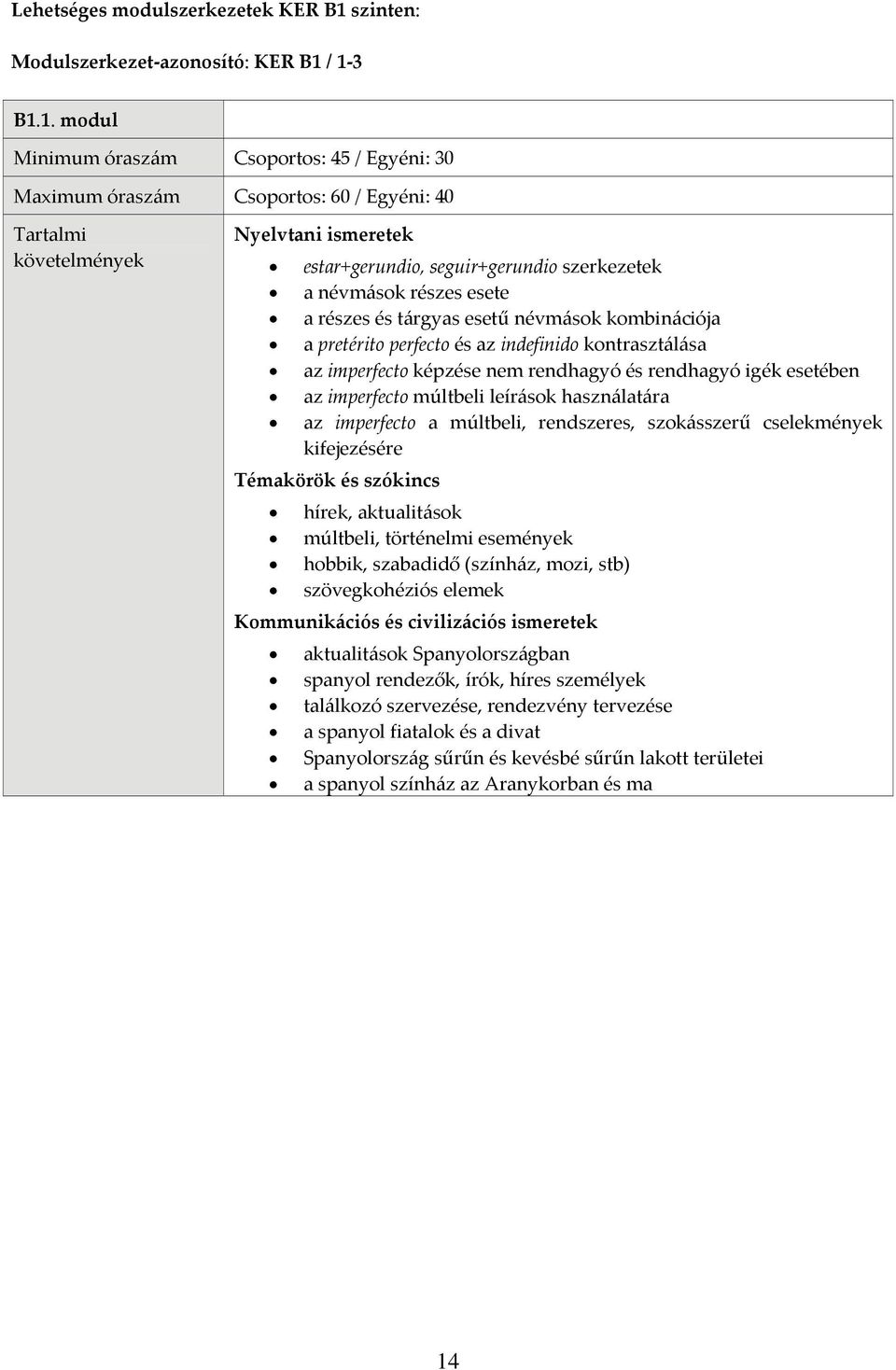 / 1 3 B1.1. modul Maximum óraszám Csoportos: 60 / Egyéni: 40 estar+gerundio, seguir+gerundio szerkezetek a névmások részes esete a részes és tárgyas esetű névmások kombinációja a pretérito perfecto