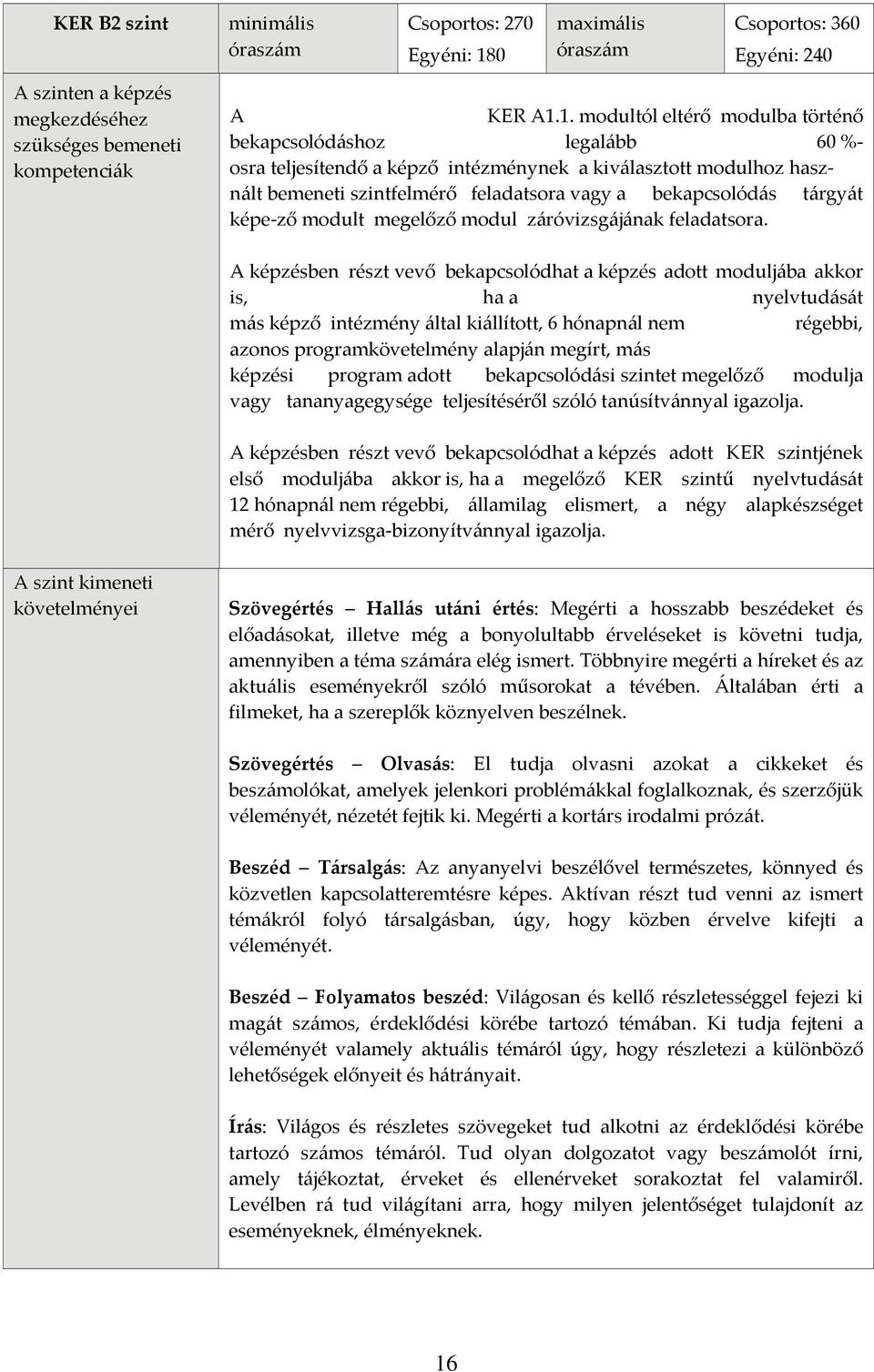 1. modultól eltérő modulba történő bekapcsolódáshoz legalább 60 % osra teljesítendő a képző intézménynek a kiválasztott modulhoz használt bemeneti szintfelmérő feladatsora vagy a bekapcsolódás