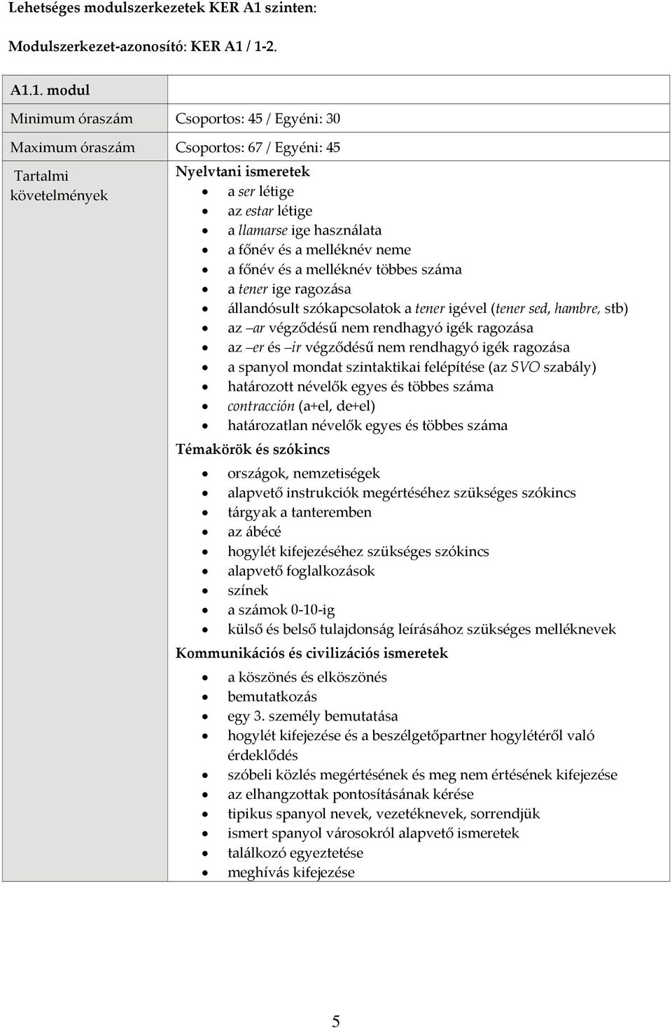 / 1 2. A1.1. modul Maximum óraszám Csoportos: 67 / Egyéni: 45 a ser létige az estar létige a llamarse ige használata a főnév és a melléknév neme a főnév és a melléknév többes száma a tener ige