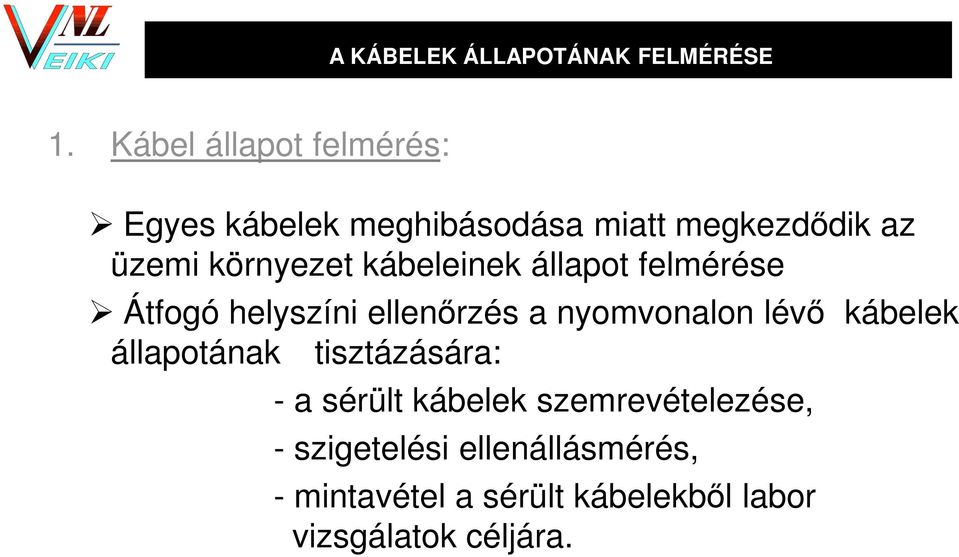 kábeleinek állapot felmérése Átfogó helyszíni ellenőrzés a nyomvonalon lévő kábelek