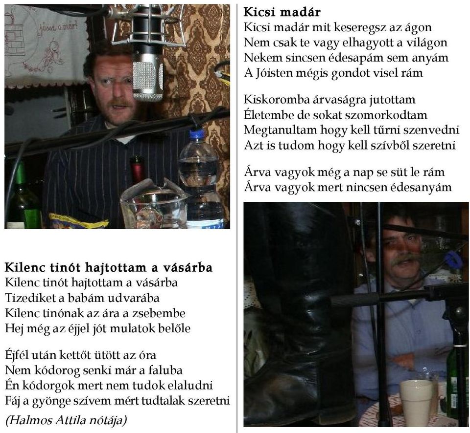 nincsen édesanyám Kilenc tinót hajtottam a vásárba Kilenc tinót hajtottam a vásárba Tizediket a babám udvarába Kilenc tinónak az ára a zsebembe Hej még az éjjel jót