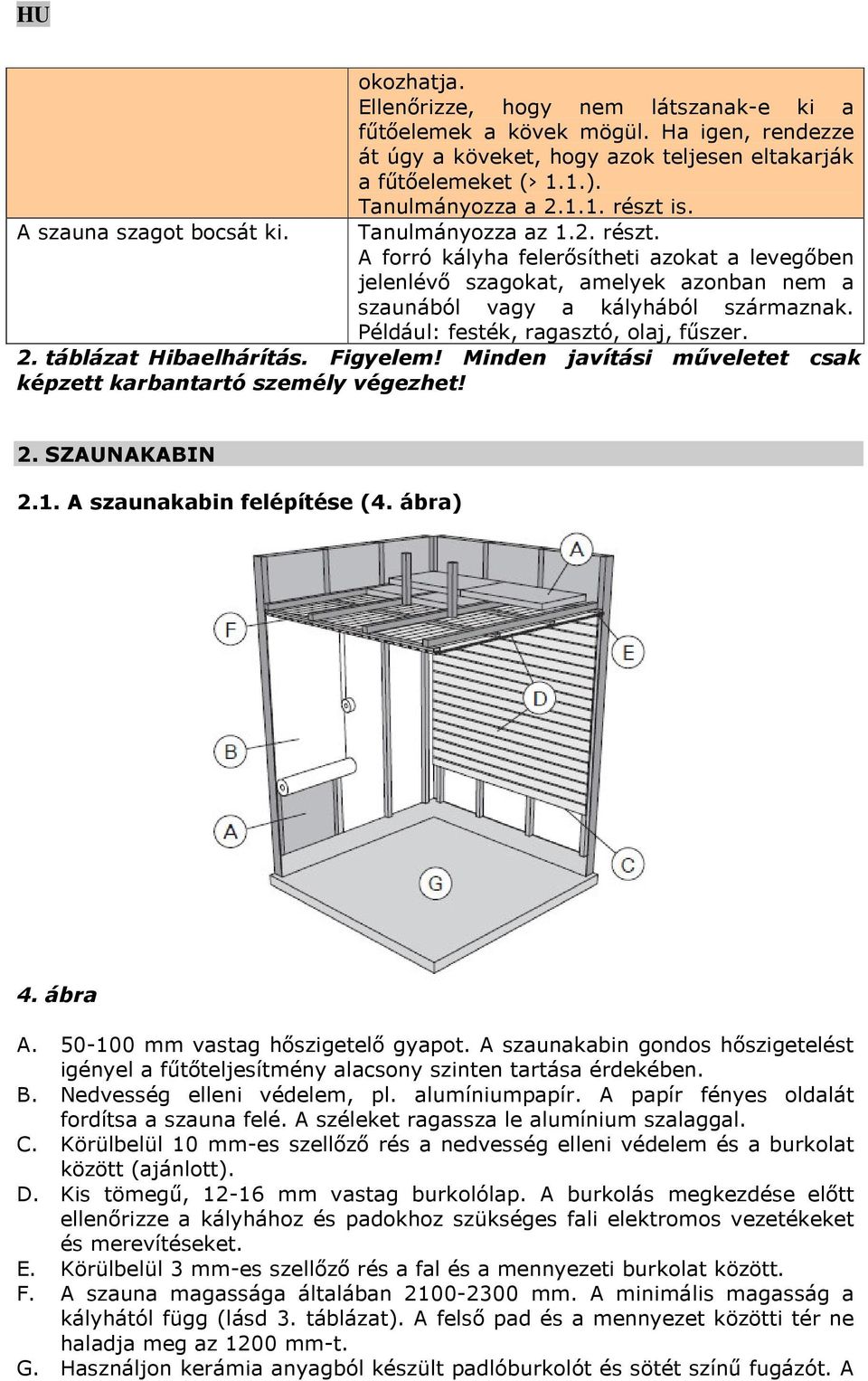 Például: festék, ragasztó, olaj, fűszer. 2. táblázat Hibaelhárítás. Figyelem! Minden javítási műveletet csak képzett karbantartó személy végezhet! 2. SZAUNAKABIN 2.1. A szaunakabin felépítése (4.