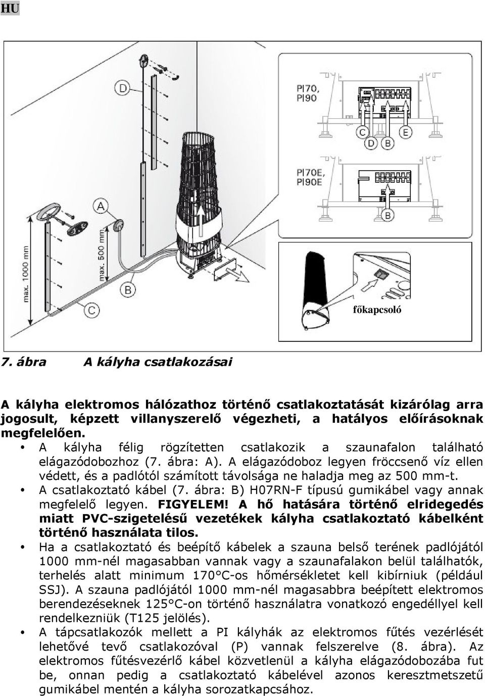 A elágazódoboz legyen fröccsenő víz ellen védett, és a padlótól számított távolsága ne haladja meg az 500 mm-t. A csatlakoztató kábel (7. ábra: B) H07RN-F típusú gumikábel vagy annak megfelelő legyen.