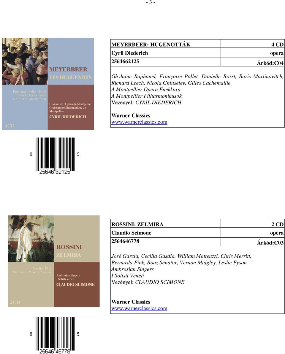 Vezényel: CYRIL DIEDERICH ROSSINI: ZELMIRA Claudio Scimone 2 CD 2564646778 Árkód:C03 José Garcia, Cecilia Gasdia, William