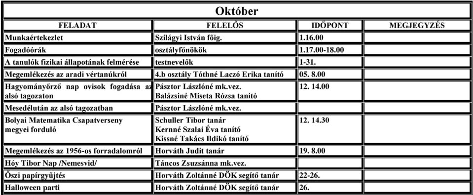 00 Hagyományőrző nap ovisok fogadása az alsó tagozaton Mesedélután az alsó tagozatban Bolyai Matematika Csapatverseny megyei forduló Pásztor Lászlóné mk.vez.