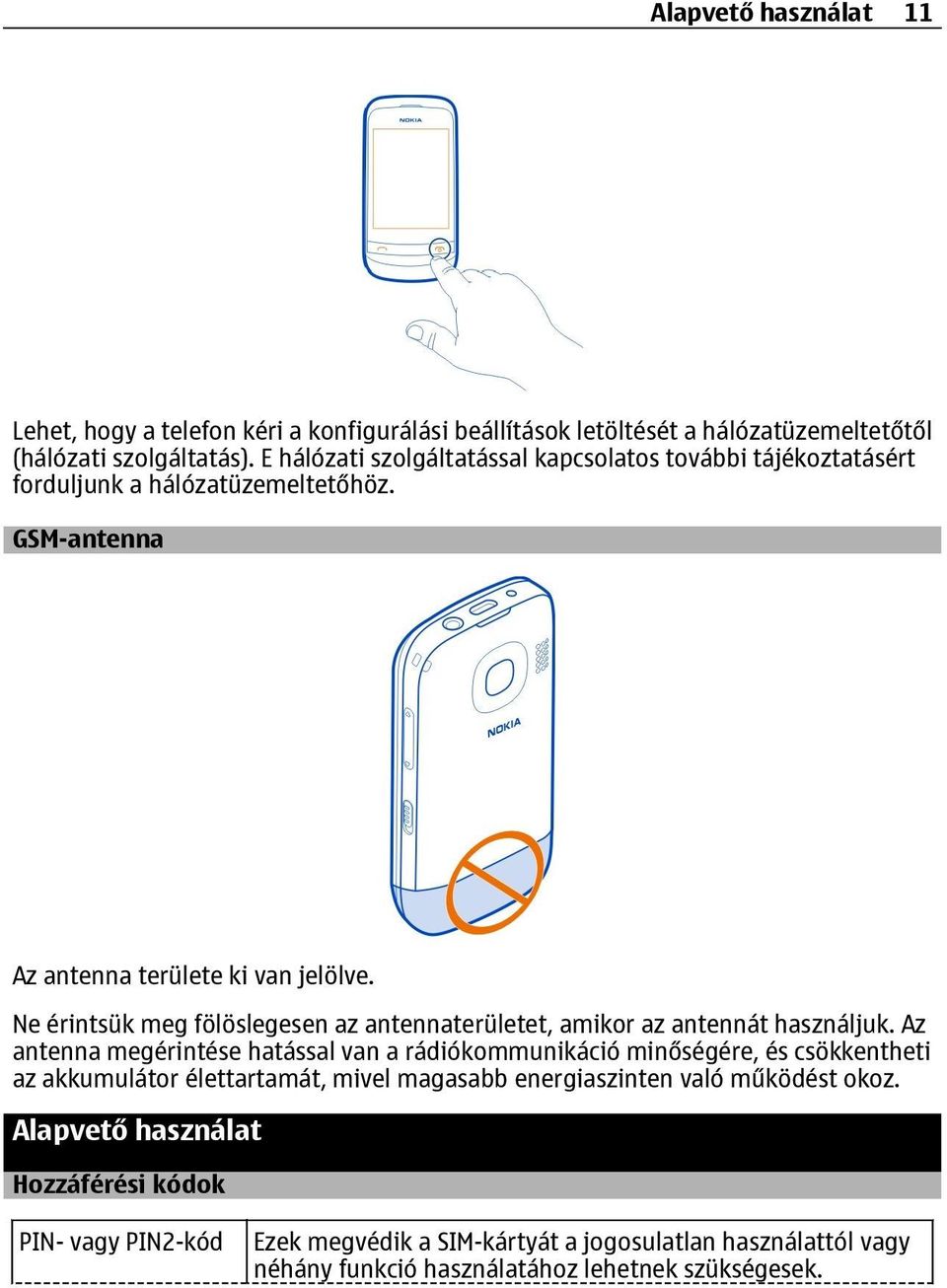 Ne érintsük meg fölöslegesen az antennaterületet, amikor az antennát használjuk.