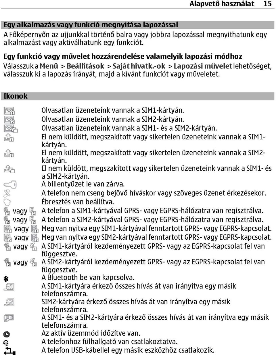 -ok > Lapozási művelet lehetőséget, válasszuk ki a lapozás irányát, majd a kívánt funkciót vagy műveletet. Ikonok vagy vagy vagy vagy vagy vagy Olvasatlan üzeneteink vannak a SIM1-kártyán.