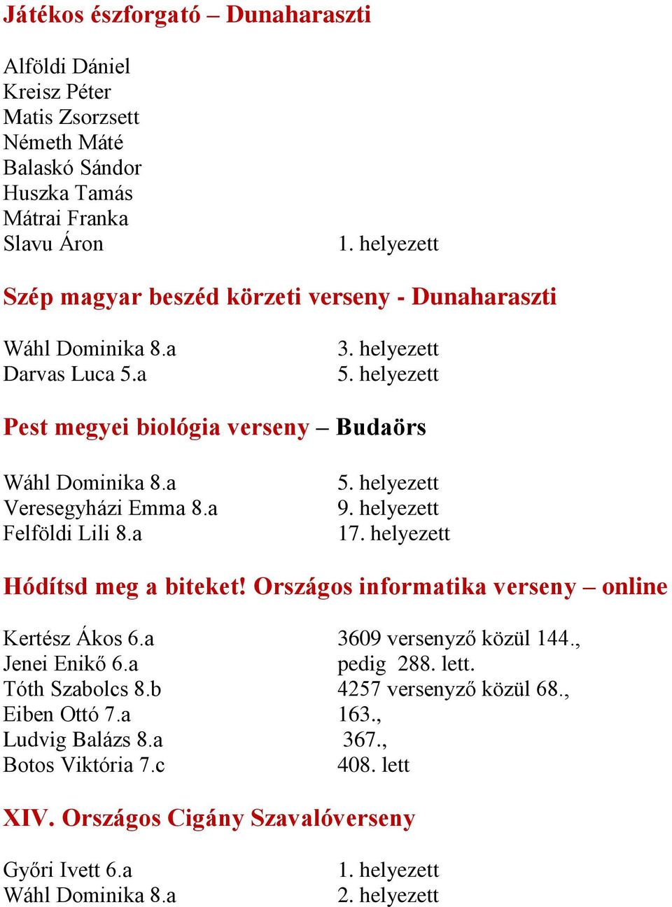helyezett 17. helyezett Hódítsd meg a biteket! Országos informatika verseny online Kertész Ákos 6.a 3609 versenyző közül 144., Jenei Enikő 6.a pedig 288. lett.