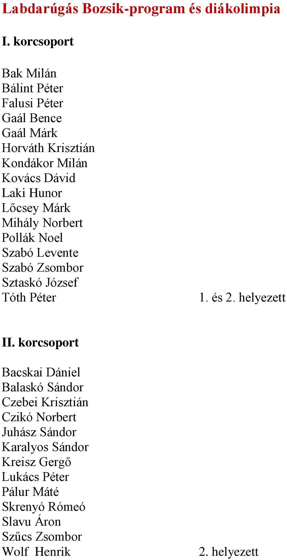 Laki Hunor Lőcsey Márk Mihály Norbert Pollák Noel Szabó Levente Szabó Zsombor Sztaskó József Tóth Péter 1. és II.