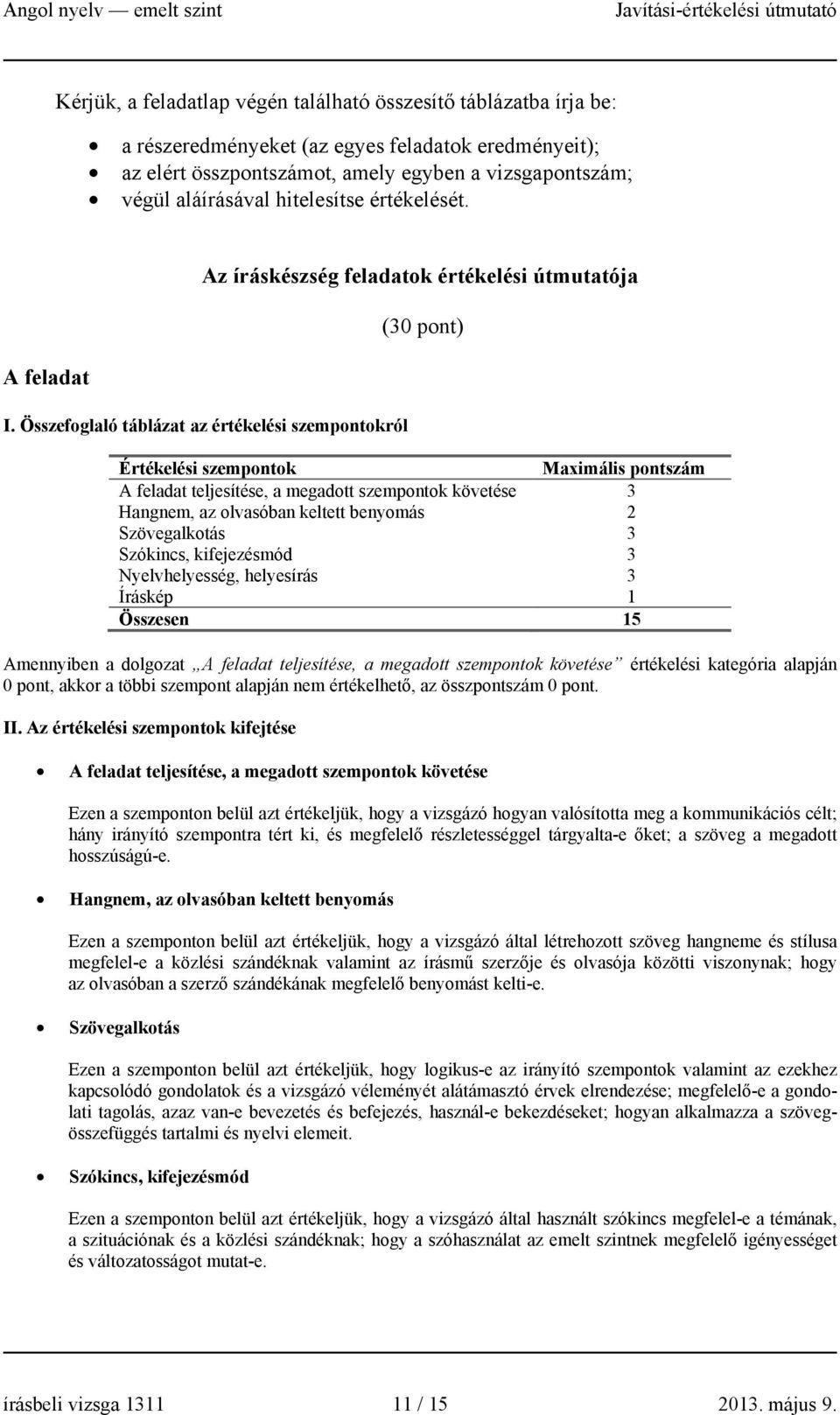 Összefoglaló táblázat az értékelési szempontokról (30 pont) Értékelési szempontok Maximális pontszám A feladat teljesítése, a megadott szempontok követése 3 Hangnem, az olvasóban keltett benyomás 2