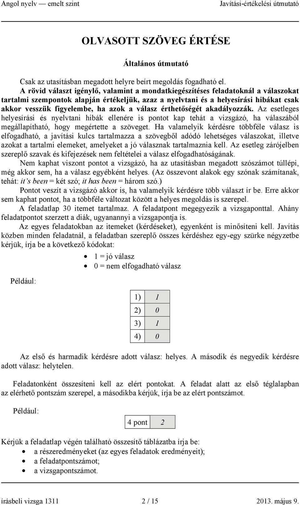 azok a válasz érthetőségét akadályozzák. Az esetleges helyesírási és nyelvtani hibák ellenére is pontot kap tehát a vizsgázó, ha válaszából megállapítható, hogy megértette a szöveget.