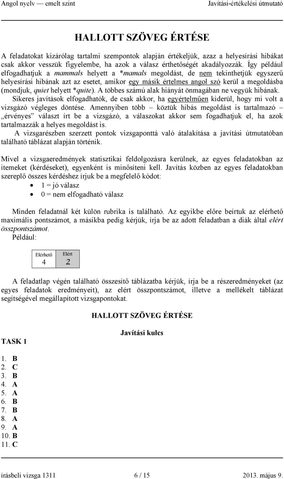 helyett *quite). A többes számú alak hiányát önmagában ne vegyük hibának. Sikeres javítások elfogadhatók, de csak akkor, ha egyértelműen kiderül, hogy mi volt a vizsgázó végleges döntése.