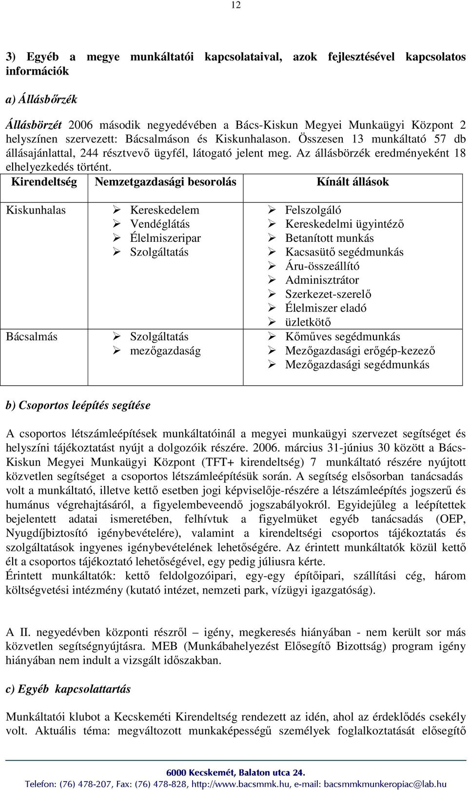 Kirendeltség Nemzetgazdasági besorolás Kínált állások Kiskunhalas Bácsalmás Kereskedelem Vendéglátás Élelmiszeripar Szolgáltatás Szolgáltatás mezıgazdaság Felszolgáló Kereskedelmi ügyintézı