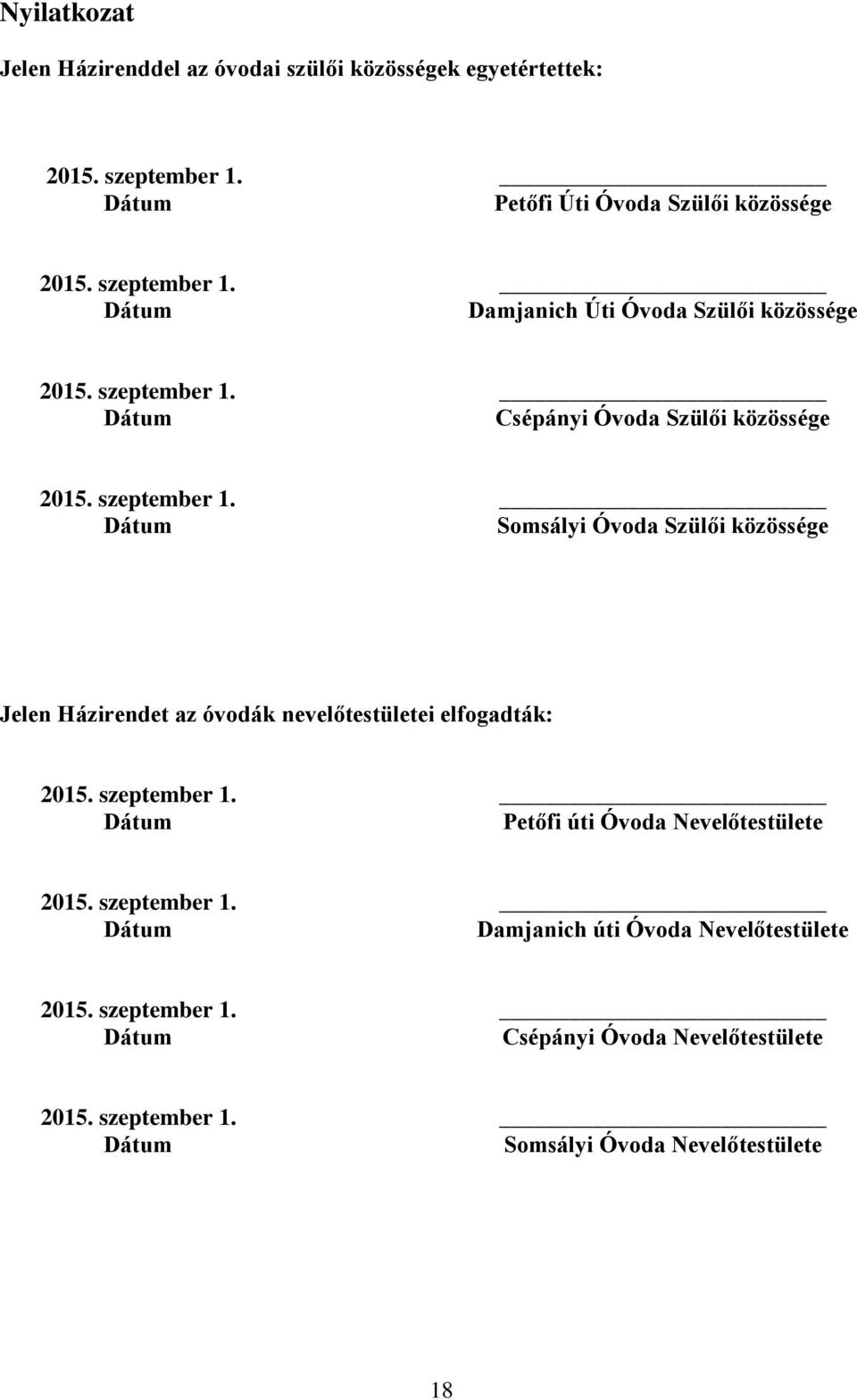 Dátum Somsályi Óvoda Szülői közössége Jelen Házirendet az óvodák nevelőtestületei elfogadták: 2015. szeptember 1.