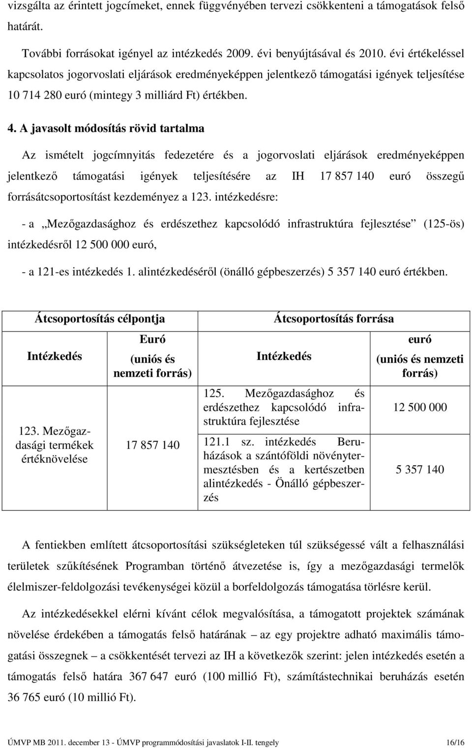 A javasolt módosítás rövid tartalma Az ismételt jogcímnyitás fedezetére és a jogorvoslati eljárások eredményeképpen jelentkező támogatási igények teljesítésére az IH 17 857 140 euró összegű