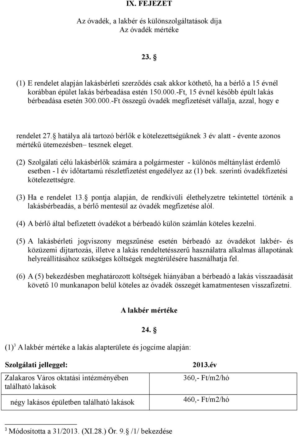 -Ft, 15 évnél később épült lakás bérbeadása esetén 300.000.-Ft összegű óvadék megfizetését vállalja, azzal, hogy e rendelet 27.