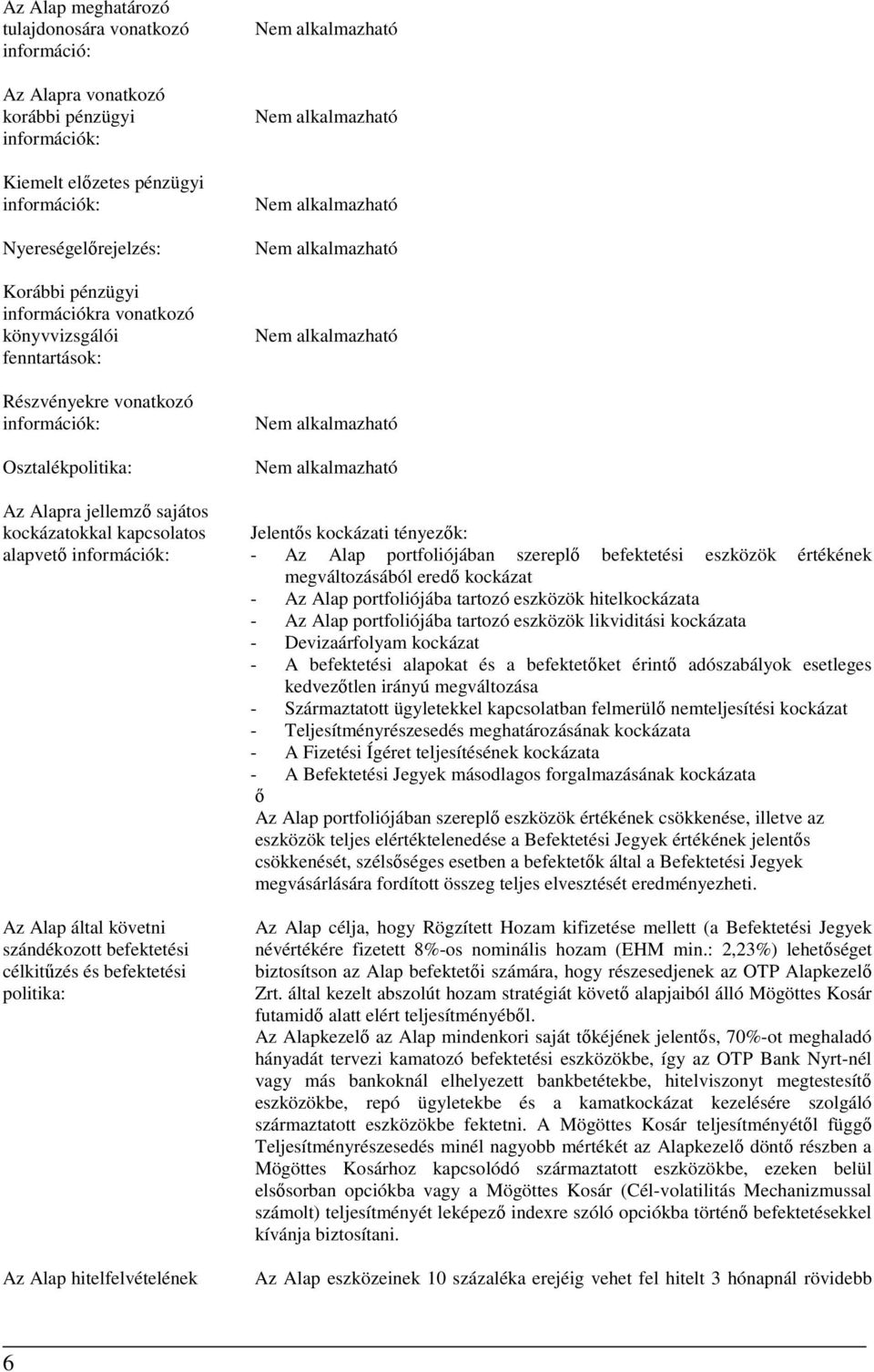 szándékozott befektetési célkitűzés és befektetési politika: Az Alap hitelfelvételének Nem alkalmazható Nem alkalmazható Nem alkalmazható Nem alkalmazható Nem alkalmazható Nem alkalmazható Nem