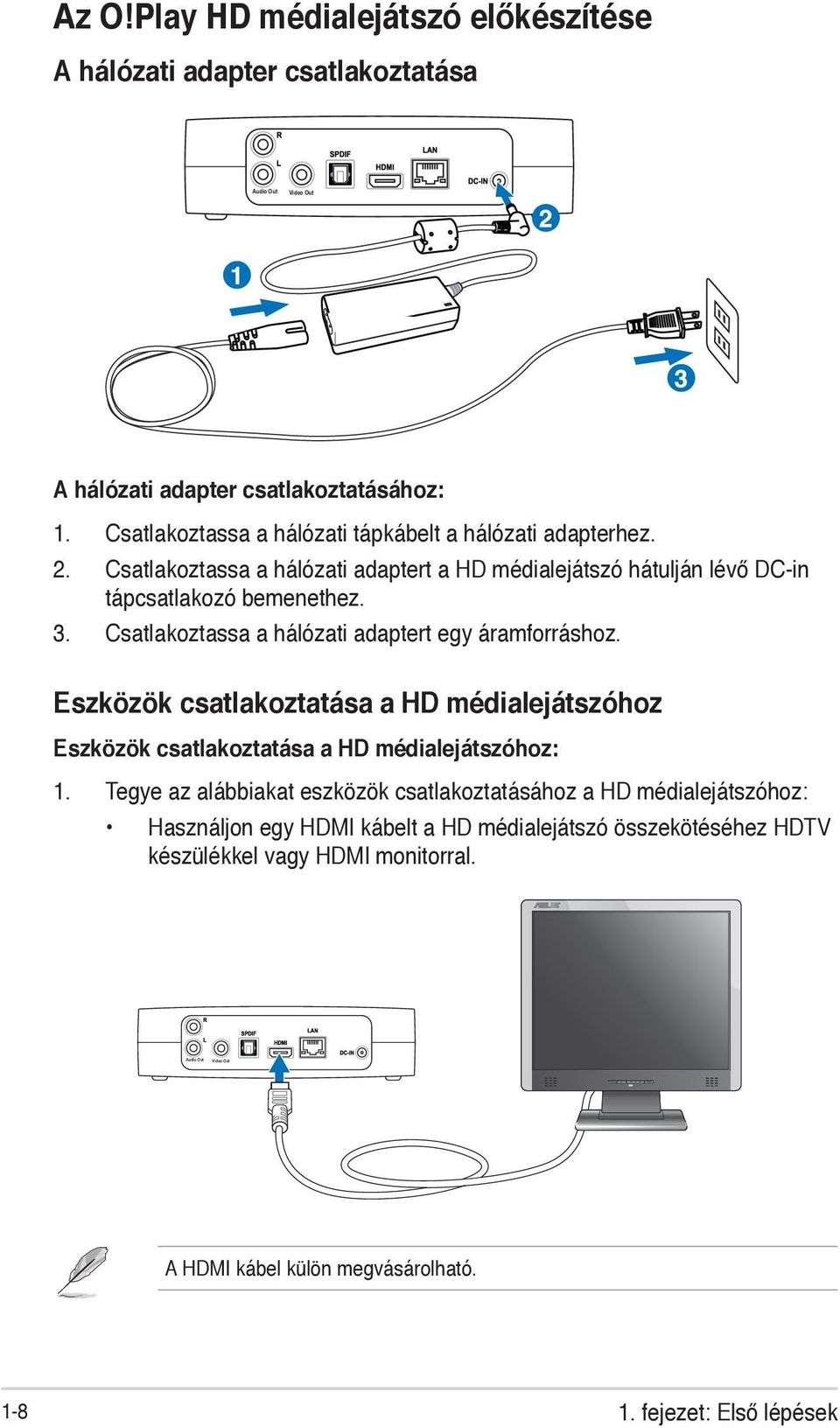 Csatlakoztassa a hálózati adaptert egy áramforráshoz. Eszközök csatlakoztatása a médialejátszóhoz Eszközök csatlakoztatása a médialejátszóhoz: 1.